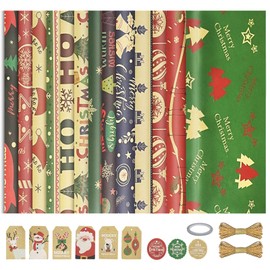 TUAYORO Christmas Wrapping Paper Gift Wrap 13 Sheet, Folded Thick Kraft Gift Wrapping Paper Bundle Christmas Decoration with Jute Strings and Tags,Holiday Design Santa Christmas Tree Snowflake