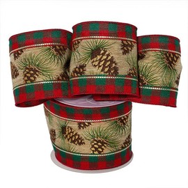 4" X 10 Yards Pine & Plaid Fabric Wide Ribbon Christmas