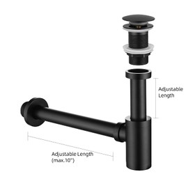 Miraga Bathroom Sink Stopper P-Trap Complete Set Adjustable 1-1/4 Sink Drain Kit Tube Solid Brass Bottle Trap w/Pop Up Drain Stopper Set, No Overflow Version, Matte Black