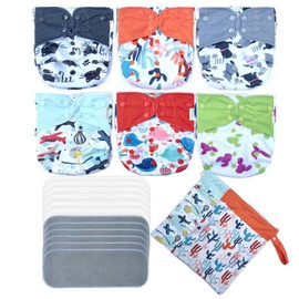 Castle Cat Adjustable Washable Reusable AWJ Side Leakage Prevention 6pcs All in One Cloth Diaper Packed with 12pcs Inserts 2pcs Wet Dry Bags for Baby Girls and Boys (Boy Prints 06)