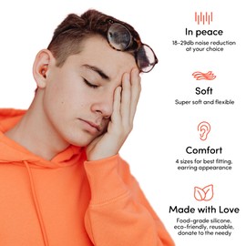 Audree Soft Ear Plugs for Sleeping Noise Cancelling - Noise Cancelling Earplugs for Sleep, Concert, Airplanes & Noise Sensitivity, 8 Reusable Silicone Ear Tips in XS/S/M/L,Orange