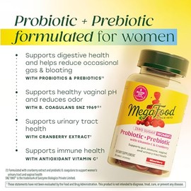 MegaFood Zero Sugar Womens Probiotic Prebiotic Gummies, Berry, 60 Gummies | Prebiotics and Probiotics for Women, Vitamin C and Cranberry, Supports Imm