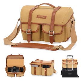 Cwatcun Canvas Camera Bag with Leather Trim,Vintage Aesthetic Camera Shoulder Messenger Bag Crossbody with luggage strap Compatible for Nikon, Canon, Sony Fuji DSLR/SLR Mirrorless Camera,Lenses,Khaki