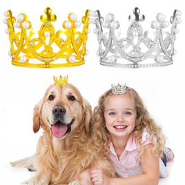 2Pcs Pet Crown Headband for Small Dogs Cats, Gold Silver Rhinestone Faux Pearl Crown Tiara with Adjustable Strap Hat for Birthday Party Puppies Photo Prop Costume