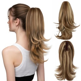 Oranlife Extensión cola de caballo clip, 35cm pelo ondulado en capas | Mecanismo 2 en 1 (pinza+ cordón), acabado natural, sintético resistente, perfecta para rutina diaria (Castaño y Rubio Ceniza)