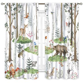 Woodland Animals Curtains, Kids Baby Rustic Cartoon Cute Forest Wild Animals Country Lodge Cabin Bear Deer Fox Cottage Window Drapes Treatments for Nursery Girls Boys Bedroom Living Room, 42"x45" Inch