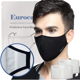 Euroca Reusable Face Masks with Filter Made from Cotton Fabric Breathable Washable with Nose Clips Adjustable Ear Loop Filters for Men Women Teens (Man Black Upgrated)