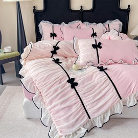 Ruffle Beddding Set with Bowtie,Chic Lace Bedding,Girls Twin Aesthetic Comforter Cover Set,Romantic French Princess Style Ruffled Duvet Cover with Lovely Bow with Zipper Closure
