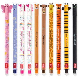 LEGAMI Set of 10 Erasable Gel Pens with Thermosensitive Eraser Ink, Assorted Ink Colours and Barrel Designs, 0.7mm Tip, Animal