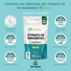 Wellthy Citrato de Magnesio Premium 220 Cápsulas 400mg. 100% Natural, Cápsulas Veganas, Bottle Free, Mas de 2 meses de porciones en 1 Solo Frasco.