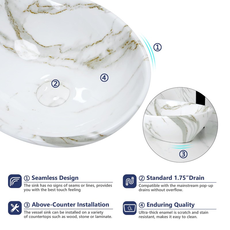 Davivy 16.3"x13.4" White Marbling Bathroom Vessel Sink with Pop Up