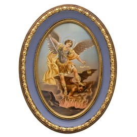 Religious Art in Oval Gold-Tone and Blue Frame | Set on Any Flat Surface in Your Home | Great Catholic Gift for First Holy Communion, Confirmation, and Housewarming (Saint Michael)