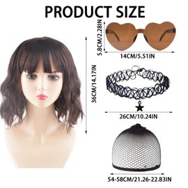 AYNKH Short Brown Bob Wig with Fringe for Women Set, Includes Wig Cap, Necklace & Sunglasses, Perfect for Casual and Cosplay Events