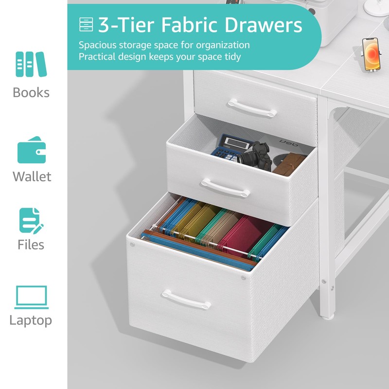 Lufeiya White Desk with Fabric File Drawers Cabinet, 47 Inch