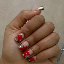 RIICFDD Press on Nails Short Fake Nails Square False Nails Red Star Glue on Nails Silver French Tip Nails Stick on Nails Full Cover Glossy Acrylic Nails for Women Girls Nail Art Decoration 24 Pcs