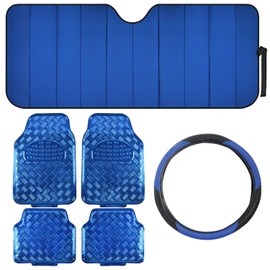 BDK Car Accessory Gift Set, Includes Motor Trend Auto Sunshade, Bright PVC Floor Mats & Steering Wheel Cover, Holiday Combo Pack for Autos Truck Van SUV