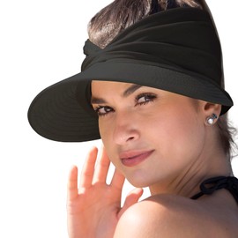 Sun Visor Ponytail Hat for Women Packable Wide Brim Summer Hat with Uv Protection for Sports Golf Tennis Running Black