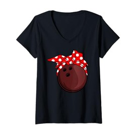 Womens Bowling Ball with Head Scarf Funny Bowling V-Neck T-Shirt