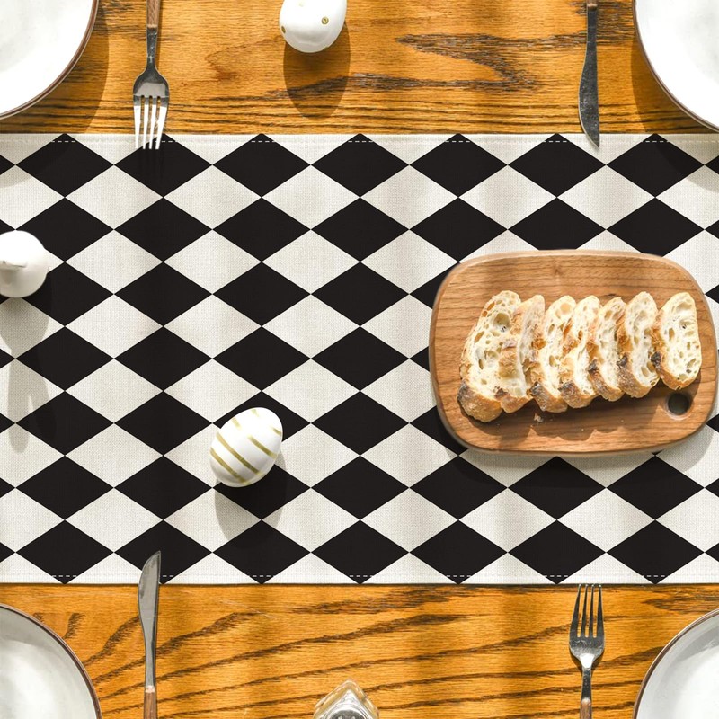 Black and White Diamond Table Runner Tea Themed Party Decor