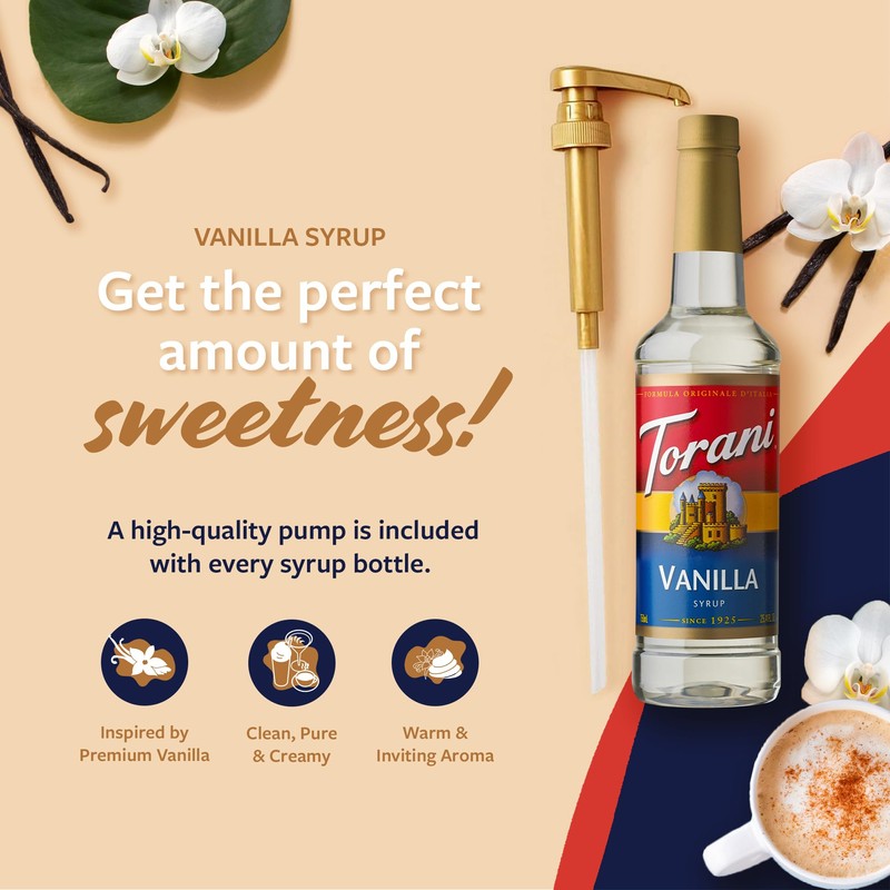 Torani Coffee Syrup, Vanilla Flavored Syrup for Drinks, Pump Included,