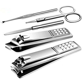 Manicure Pedicure Kit Nail Clippers Set Fingernails & Toenails Vibrissac Scissor 5 Pieces Best Care Tools for Man & Women with Travel Case (Gray/Black_A) (Primary Color of Stainless Steel_A)