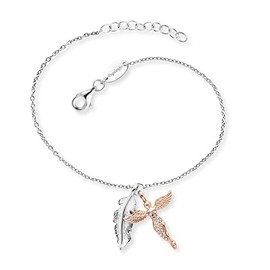 Engelsrufer Women's Bracelet Made of Sterling Silver with Feather Pendant and Angel Pendant – Set with 20 Zirconia Stones – Lobster Clasp – Adjustable Length, Sterling Silver, Cubic Zirconia