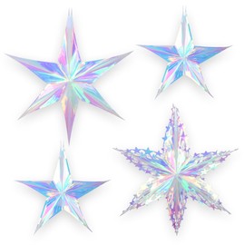 BRAVESHINE 4PCS Iridescent Hanging Ornaments Novelty Decorations - Iridescent Foil Star Rainbow Decorative Snowflake for Festival Holiday Birthday Graduation Mermaid Ocean Christmas New Years Party