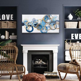 Suconvng Canvas Wall Art Decor Artwork Modern Paintings Abstract Wall Decor Maximalist Blue Gold Circle Abstract Wall Art Prints Picture For Bedroom Kitchen Office Artwork Ready To Hang 20" × 40"