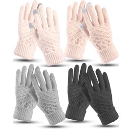 4 Pairs Women Winter Touch Screen Gloves,Warm Fleece Lined Knit Gloves Elastic Cuff Winter Texting Gloves (Black,Beige,Grey,White, One Size)