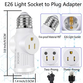 Light Socket to Plug Adapter,Convert E26 Light Socket to 2/3 Prong Outlet Adapter and Light Bulb Socket,Light Bulb Plug Adapter for Garage Porch,2 Pack(White)