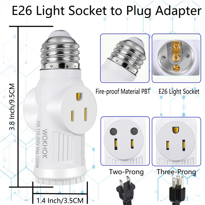 Light Socket to Plug Adapter,Convert E26 Light Socket to 2/3