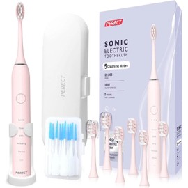 PERECT Ultrasonic Electric Toothbrush with 6 Brush Heads, 5 Modes Electric Toothbrush, Travel Rechargeable Power Toothbrush for Adults with Smart Timer &Travel Case & Soft Picks, IPX7 Waterproof, Pink