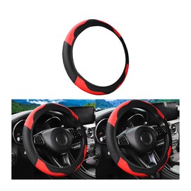 FALVFUN Carbon Fiber Car Steering Wheel Cover, 14.5-15 Inch Leather Elastic Vehicle Steering Wheel Protecter, Breathable Non Slip Auto Interior Decor Accessories, Universal Fit (Red)