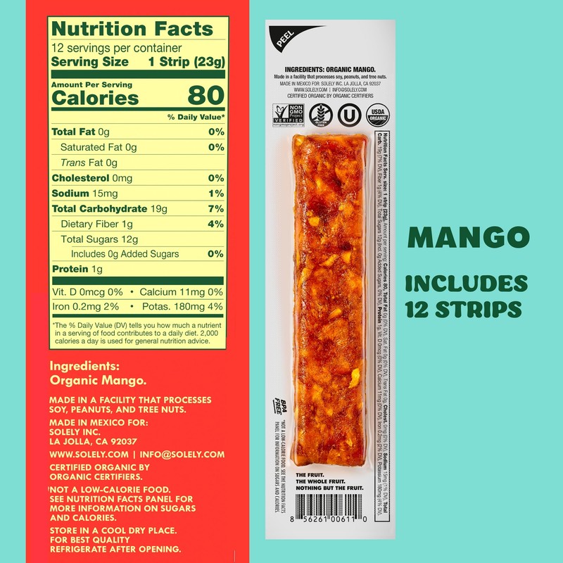 Solely - Organic Mango Fruit Jerky - 12 Individually Wrapped