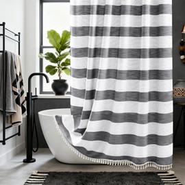 Seenus Farmhouse Heavyweight Shower Curtain with Tassels, 350GSM Soft Cotton Linen Fabric Shower Curtain Boho Chic, 72 x 72 Inch Black and White Striped Vintage Bathroom Curtain Water-Repellent