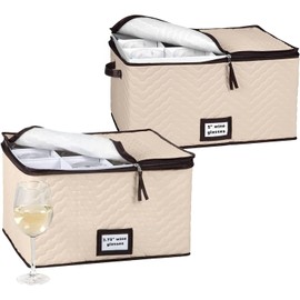 Wine Glass Storage Box with Dividers - Stemware Storage Case, Durable Quilted Microfiber Bin with Carry Handles, Protects Fine China - (2 Pack, Red & White Wine Glass)