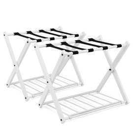 Tangkula Folding Luggage Rack Pack of 2, 2 Tier Suitcase Stand with Storage Self, Durable Straps, Protective Cover, Large Luggage Holder for Guest Room Bedroom Hotel (White, 2 Pack)