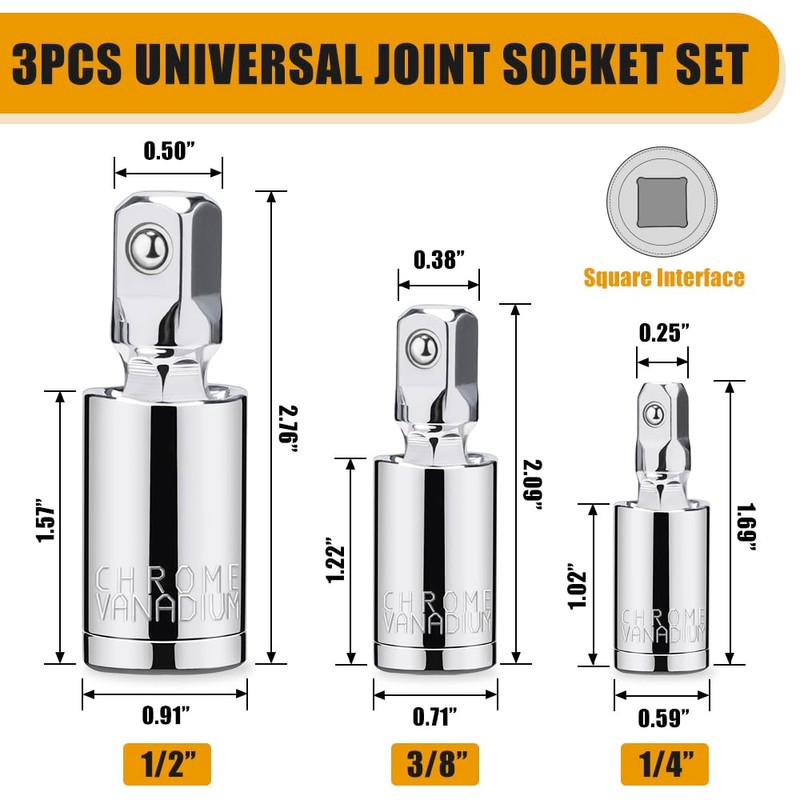 3PCS Universal Joint Socket Set, 1/4” 3/8” 1/2” Drive Swivel