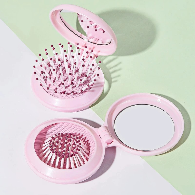 Trikeel Mini Folding Hair Brush with Mirror Travel Pink