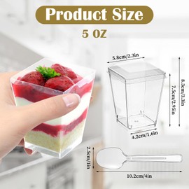 100 Sets 5 oz Dessert Cups with Lids and Spoons, Clear Square Dessert Cups for Party Wedding, Mini Tiramisu Container, Desserts Containers with Lids for Pudding Fruit Yogurt
