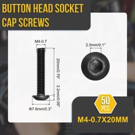 DTGN M4-0.7x20mm Button Head Socket Cap Screws - 50Pack - Good for Road Bicycle, Mountain Bike, Auto, Motorcycle - Carbon Steel Black Oxide - Hex Drive Fasteners