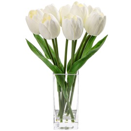 Briful Fake Flowers Artificial Tulip Flower White in Clear Vase, Real Touch Foam Tulip Arrangement Suitable for Home Office Decoration, Dining Table Centerpiece