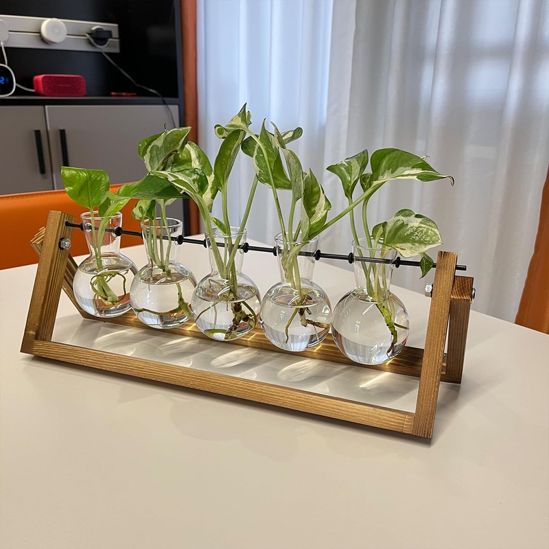 Kingbuy Plant Propagation Station with 5 Bulb Vases Retro Wooden