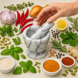 HIC Kitchen Tall Mortar and Pestle Set, Solid Carrara Marble, 4-Inch, Spice Herb Grinder, Pill Crusher, Nut Butter Maker