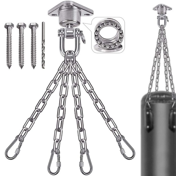 IOH Heavy Duty Boxing Punching Bag Chain, Stainless Steel Anti-Rust, 180° Swing 360° Rotate Silent Swivel Bearing Swing Hanger with 4 Chains and 4 Carabiners, 850 LB Capacity (3 Screws for Wooden)