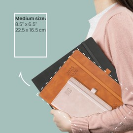 POPRUN Academic Diary A5 Week to View 2025-2026 PU Leather Soft Cover 22 x 16.5 cm - 25/26 Weekly Planner & Notebook in One, Inner Pocket, Monthly Tab (Black)