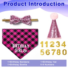 Dog Birthday Party Supplies, Dog Birthday Decorations with Birthday Girl Dog Bandanas/Dog Cat Birthday Hat/Dog Bow Tie/Collar with 0-8 Numbers, for Medium Small Dogs Pets (Large, Pink)