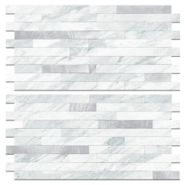 STICKGOO 2 Sheets Peel and Stick Backsplash Tile, Stick on Backsplash for Kitchen and Bathroom, Volakas White Look PVC Mixed Metal Silver Self Adhesive Wall Tiles