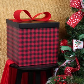 LaRibbons Large Christmas Gift Boxes with Lids,10x10x10 Inches Buffalo Plaid Design Folding Square Gift Boxes for Christmas Decorative,Xmas,Present,Storage,Red and Black