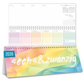 =Häfft® Weekly Desk Calendar 2026 Landscape to Stand Up "Rainbow" 1 Week 2 Pages, Desk Calendar with Stand, Weekly Calendar 29.7 x 11.6 cm - Sustainable and Climate Friendly